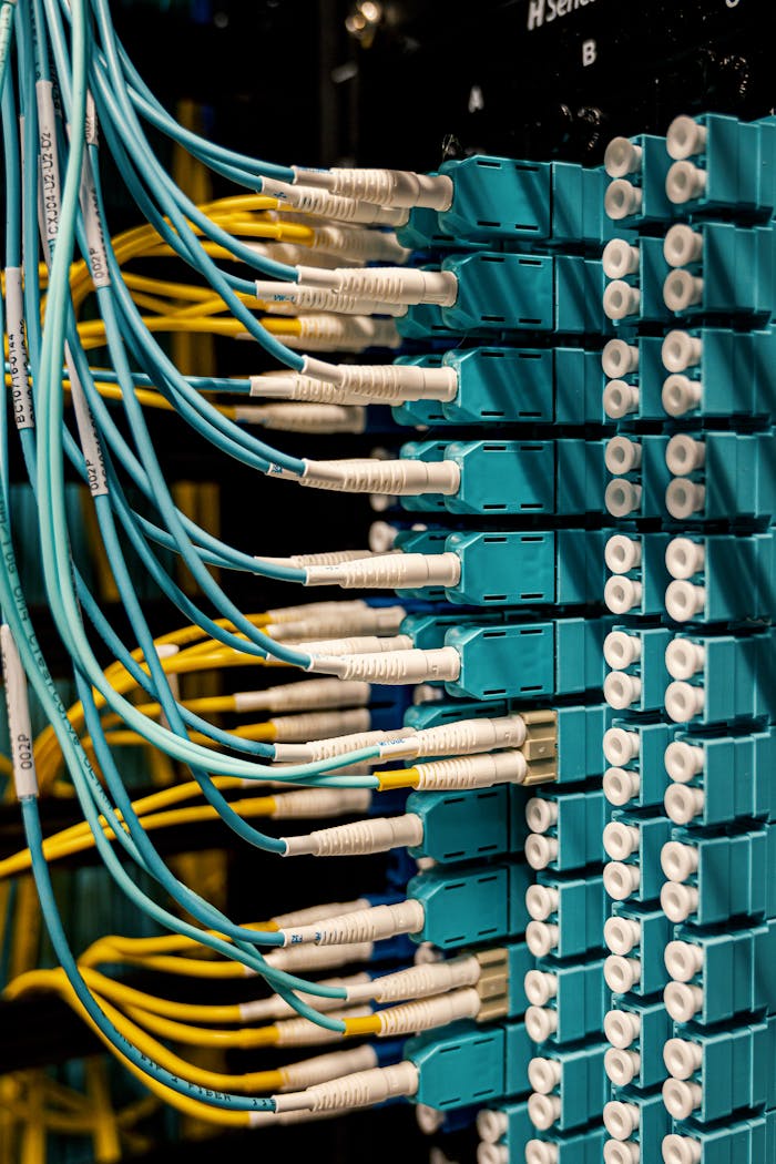 Blue and yellow optical fiber cables connected to ports in a server room.